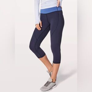 Lululemon Quick Feet Crop Leggings Navy Purple Mid Rise Pocket Logo Legging
